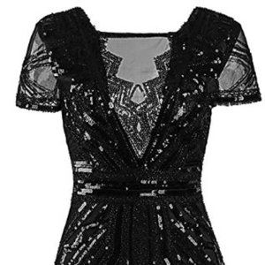 1920s Inspired Short V  Neck Black Sequin Dress